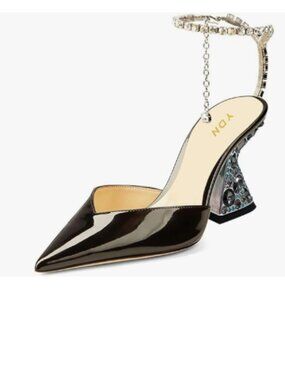 YDN Black Studded Sandals Rhinestone Ankle Strap Colorful Chunky High Heel Pumps